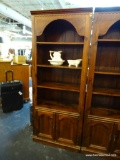 (R6) PINE 3-SHELF OVER 2 DOOR CABINET BOOKCASE; WITH DENTIL MOLDING. MEASURES 32 IN X 16 IN X 79 IN.