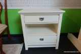 (R1) WHITE NIGHTSTAND; TOP AND BOTTOM DRAWER WITH OPEN CENTER SHELF, SIMPLE DESIGN WITH MODERN