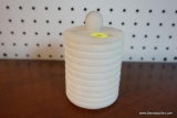 (R1) WHITE ALABASTER CYLINDRICAL JAR WITH LID; HORIZONTALLY RIBBED SIDES, STANDS ABOUT 4 IN TALL.