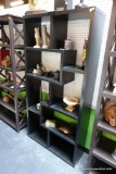 (R2) MODERN BLACK SHELF; SIDE PANELS ARE X-SHAPED, 5 TOTAL SHELVES, EXCELLENT CONDITION WITH A BLACK