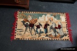 (R2) VINTAGE ARABIAN TAPESTRY/RUG; MEASURES 2 FT X 3.5 FT WITH RED FRINGE ON EACH END, VERY SOFT AND