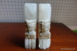 (R2) WHITE MARBLED QUARTZ BOOKENDS; POSSIBLY A MAYAN OR AZTEC FIGURINE ON SIDES, DESIGN HAS 