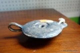 (R2) PRIMITIVE SOAPSTONE? LAMP WITH LOOP HANDLE AND ROPE WICK; BLACK/BROWN IN COLOR, MEASURES 6 IN X