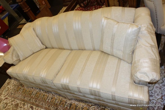 (WIN) VANGUARD 2 CUSHION CAMELBACK STYLE UPHOLSTERED SOFA; LOVELY CREAM COLORED AND GOLD STRIPED