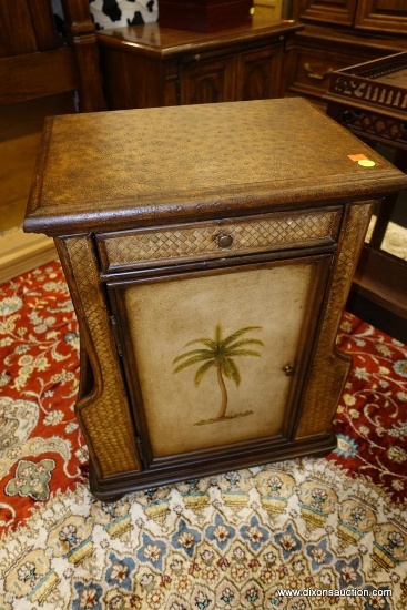 (WIN) PAINTED PALM END TABLE CABINET; VERY NICE STORAGE CABINET WITH A PAINTED PALM TREE AND BASKET