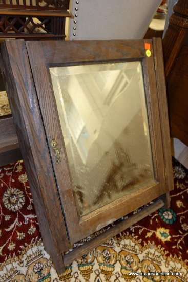 (WIN) VINTAGE MIRRORED MEDICINE CABINET; INCLUDES A BEVELED MIRROR, SHELVES AT VARIED HEIGHTS, AND A