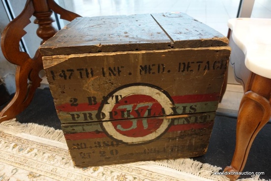 (WIN) VINTAGE MILITARY STYLE WOODEN BOX; VERY NEAT STORAGE BOX WITH MARKINGS OF '147TH INF. MED.