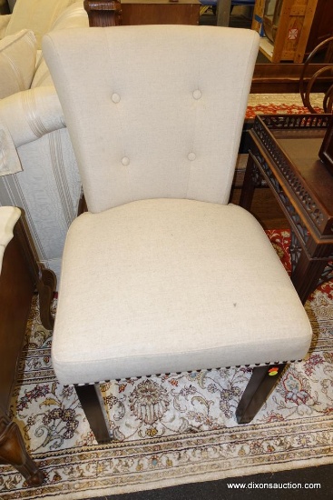 (WIN) LINEN UPHOLSTERED SIDE CHAIR; NICE AND COMFY LINEN UPHOLSTERED SIDE CHAIR WITH NAILHEAD