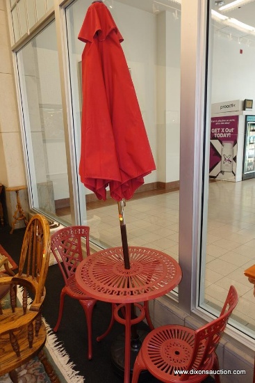 (WIN) RED PAINTED METAL BISTRO TABLE WITH RED UMBRELLA / STAND; THIS TABLE IS A GREAT FIND! NICE,