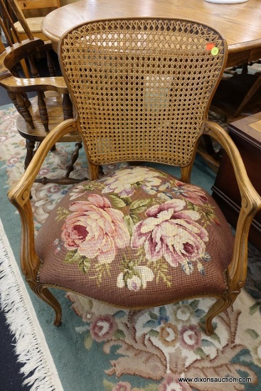 (WIN) NEEDLEPOINT FRENCH PROVINCIAL STYLE CHAIR WITH ARMS; THIS IS A SIDE CHAIR FEATURING NICELY