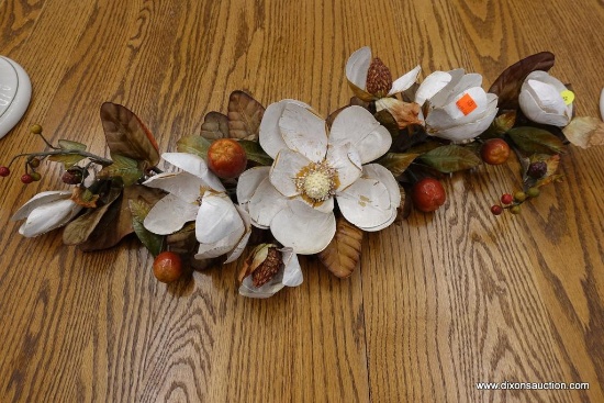 (WIN) MAGNOLIA ARTIFICIAL FLOWER CENTERPIECE; MAGNOLIAS, LEAVES, APPLES, AND BERRIES. MEASURES