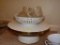 (DR) ASSORTED CUT GLASS DISHES;WHITE AND GOLD TRIMMED CAKE STAND, 7 SMALL CUT GLASS DECORATED PUNCH