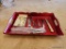 (DR) SERVING TRAY WITH ASSORTED ITEMS; RED SERVING TRAY WITH PACK OF WINE MARKERS, COLLECTABLE
