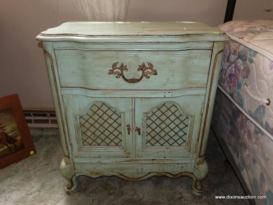 (BED) LIGHT GREEN FRENCH PROVINCIAL NIGHTSTAND BY BASSETT FURNITURE; SINGLE DRAWER OVER A 2 DOOR