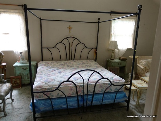 (BED) WROUGHT IRON KING SIZE CANOPY BED; INCLUDES HEADBOARD, FOOTBOARD, FRAME RAILS, AND CANOPY TOP