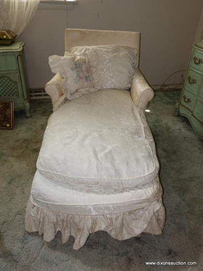 (BED) VICTORIAN STYLE CHAISE LOUNGE; ARMCHAIR WITH EXTENDED FOOTREST, COVERED IN A LIGHT YELLOW