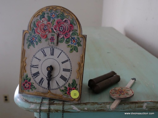 (BED) VICTORIAN HANGING CUCKOO CLOCK; BONNET TOP WITH WOODEN CASE COVERING INNER WORKINGS OF THE