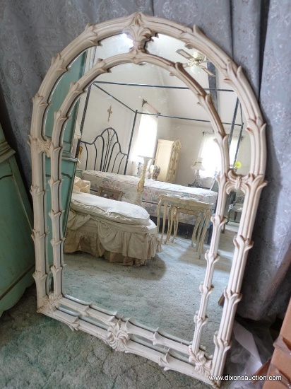 (BED) LARGE WALL MIRROR; ARCH SHAPED TOP WITH DOUBLE BORDER, FACTORY PAINTED WHITE, COULD USE A GOOD