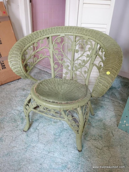 (BED) GREEN WICKER ARMCHAIR; BEAUTIFUL RICH AVOCADO COLOR, OPEN PATTERNED BACK WITH SCROLLING