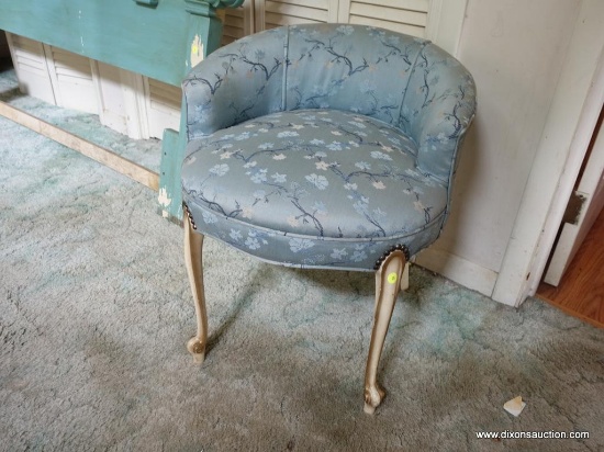 (BED) FRENCH VICTORIAN VANITY STOOL; HAS A SMALL DEMI-BACK ON A ROUND UPHOLSTERED SEAT, FABRIC IS A