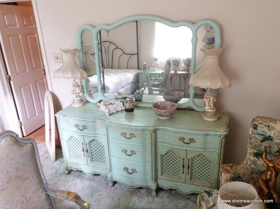(BED) LIGHT GREEN FRENCH PROVINCIAL DRESSER WITH MIRROR BY BASSETT FURNITURE; 3 PANES OF GLASS ADORN