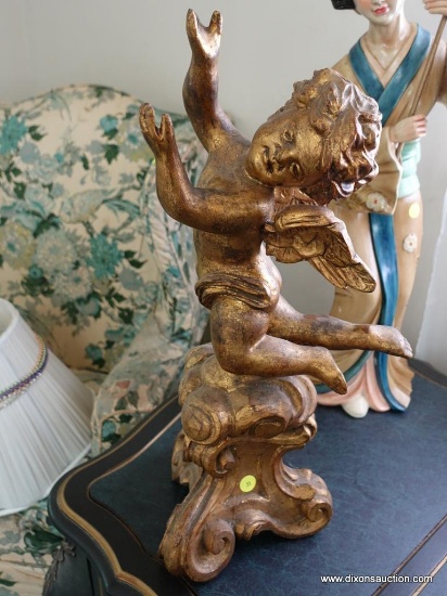 (BED) GOLD PAINTED CHERUB COMPOSITE STATUE ON PEDESTAL; STANDS ABOUT 21 IN TALL.