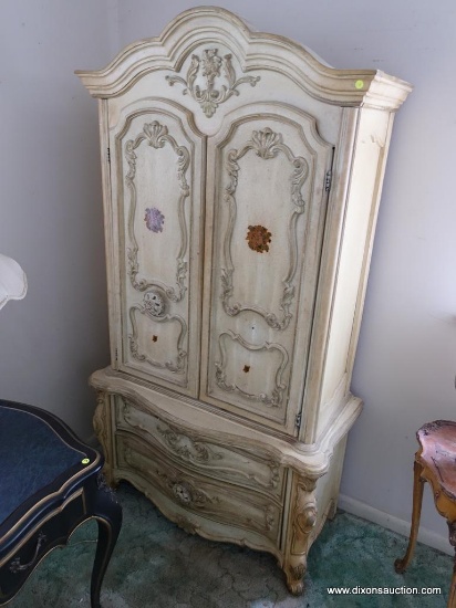 (BED) LIGHT YELLOW FRENCH PROVINCIAL ARMOIRE; MOLDED BONNET TOP WITH CARVED EMBLEM OVER 2 ARCHED