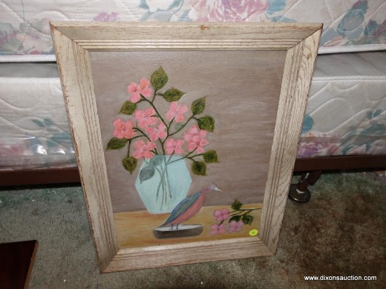 (BED) FRAMED OIL ON CANVAS; SCENE DEPICTS A VASE OF FLOWERS WITH A BIRD AND SMALL SPRIG OF SAME PINK