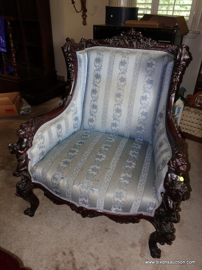 (LR) ELEGANT VICTORIAN CHAIR; BEAUTIFUL RICH WOOD FRAME WITH ANGELS AND FLOWERS CARVED INTO THE