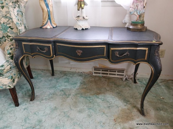 (BED) VINTAGE DREXEL HERITAGE FRENCH WRITING DESK; DREXEL LOUIS XV STYLE EBONIZED WRITING DESK WITH