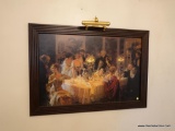 (DR) FRAMED ART WITH OVERHEAD LIGHTING; DEPICTS AN ELEGANT DINNER PARTY WITH SEVERAL PEOPLE AROUND A