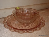 (DR) PINK GLASS DISH LOT; INCLUDES A PINK SCALLOPED EDGE SERVING PLATE, AND A PINK SCALLOPED EDGE