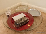 (DR) GLASS PLATTER AND CONTENTS LOT; MOST NOTABLE IS A LARGE, CUT GLASS, DECORATIVE EDGE GLASS