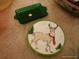 (DR) HOLIDAY DISH LOT; INCLUDES A VINTAGE GREEN GLASS DECORATIVE CANDY DISH, AND 3 SMALL PLASTIC