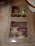 (DR) GLASS CUTTING BOARD LOT; INCLUDES 2 SQUARE CUTTING BOARDS WITH A FRENCHY FLORAL THEME, MEASURES