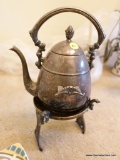 (DR) VINTAGE TEA KETTLE AND STAND; ORNATE VINTAGE SHERIDAN SILVER ON COPPER TEA KETTLE ON STAND WITH