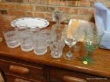 (KIT) ASSORTED GLASSWARE LOT; INCLUDES 6 ROCKS GLASSES, A SMALL TEACUP, A SMALL SINGLE-HANDLE