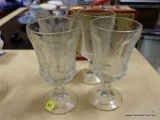 (KIT) FOOTED ETCHED CLEAR GLASS TUMBLERS; VERY HEAVY PEDESTAL GLASSES, SET OF 4.