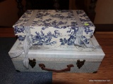 (FOY) DECORATIVE BOXES; 2 DECORATIVE BOXES. ONE WHITE AND BLUE FLORAL PRINT WITH FABRIC TIES, ONE