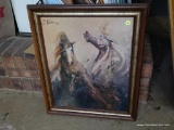 (BAS1) FRAMED PRINT OF HORSES; SIGNED BY C. KOCZWARA, IN A GOLD TONE AND WOOD FRAME. MEASURES 19.5