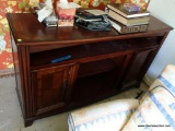 (BAS1) LARGE MAHOGANY ENTERTAINMENT CENTER; OPEN FRONT TOP INTERIOR SHELF OVER A LOWER SHELF FLANKED