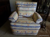 (BAS1) SUNNY YELLOW AND BLUE PATTERNED CHAIR AND OTTOMAN; DETACHED PILLOW BACK WITH SOCK ARMS, BOTH