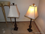 (BAS1) PAIR OF MATCHING ELEGANT TABLE LAMPS; SLENDER POST ON A SQUARE BASE WITH A SQUARE BELL SHADE