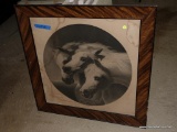 (BAS1) LARGE FRAMED SQUARE IMAGE OF 3 HORSES; WOOD GRAIN PRINTED FRAME, MATTED IN A CIRCLE AROUND