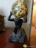 (BAS) SMALL STATUE OF ATLAS WITH REMOVABLE GLOBE; FIGURINE STANDS A TOTAL OF ABOUT 10 IN TALL.