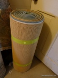 (BAS) SOLID COLOR RUNNER RUG; SEAFOAM GREEN RUG, IN GOOD CONDITION, WITH ATTACHED GRIP PAD. MEASURES