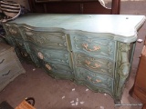 (GAR) VINTAGE TEAL DRESSER; MATCHES NIGHTSTAND IN LOT #190. 9 TOTAL DRAWERS (3 ON EITHER SIDE OF THE