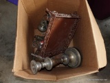 (GAR) BOX LOT OF SILVER PLATE ON COPPER ITEMS SUCH AS CANDLESTICK HOLDERS, AND A CANDELABRA, AS WELL