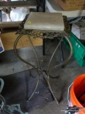 (GAR) SQUARE MARBLE TOP PLANT STAND WITH 4 SCROLLING IRON LEGS; MARBLE IS WHITE AND TAN AND IS