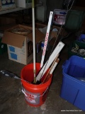(GAR) ORANGE 5-GALLON BUCKET FILLED WITH TOOLS AND ACCESSORIES SUCH AS AN OVERSIZED FLY SWATTER, A